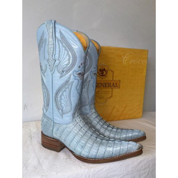 El General Cowboy Boots Exotic Leather Baby Blue Croc Back Mens Sz 6 - Picture 1 of 9